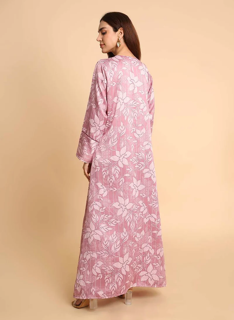 HANA & SARA Women’s Mauve Pink Floral Arabic Jalabiya with Sophisticated Long Sleeves